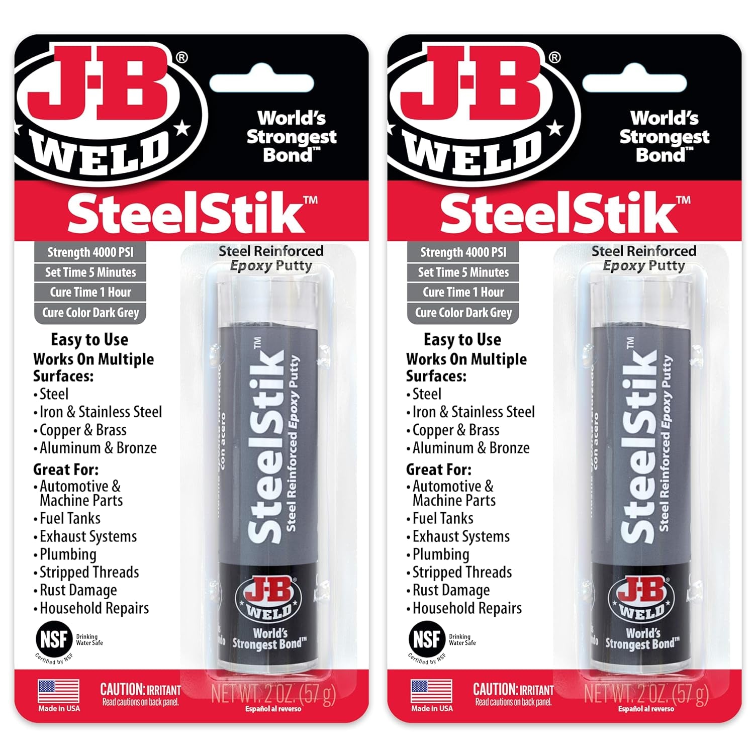Steelstik, 1 Hour Cure, Steel Reinforced Epoxy Putty Stick - 2 Pack, Dark Grey (8267-2)