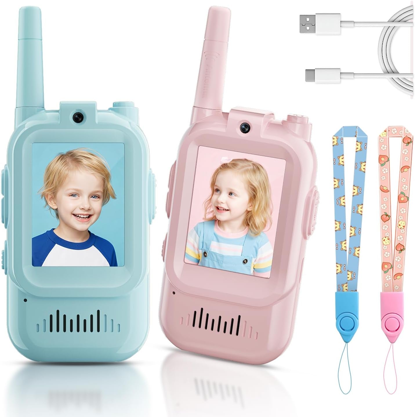 Video Walkie Talkies for Kids, Handheld 2 Pack Rechargeable Video Intercom Kids Walkies Talkies, Indoor Outdoor Toys for Family Games, Outside, Camping, Hiking for Boys Girls Ages 3-12 (Blue/Pink)