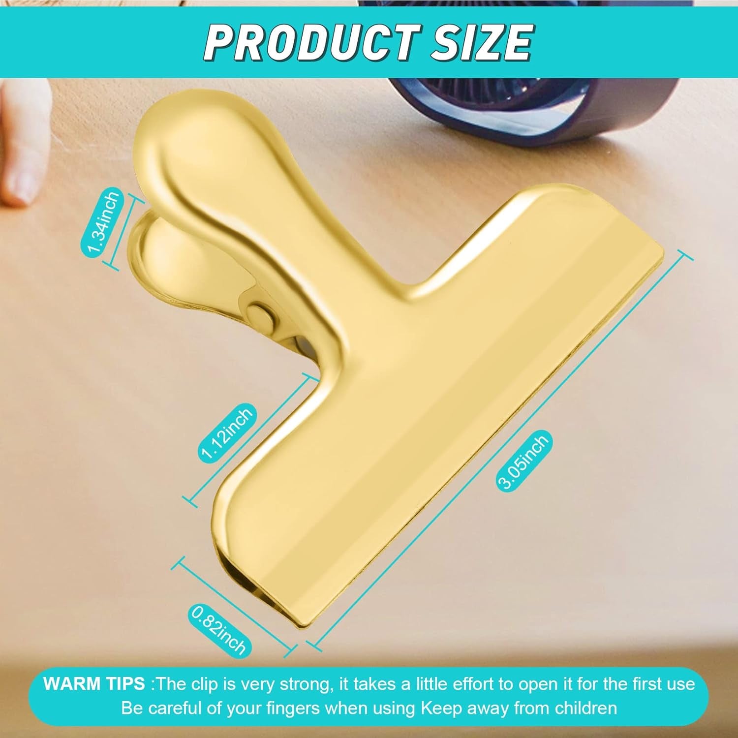 8 Pack 3 Inch Stainless Steel Gold Chip Clips Bag Clips Large Clip for Food Packages,Strong Kitchen Food Clip for Snack,Chips,Home&Office Paper Heavy Duty