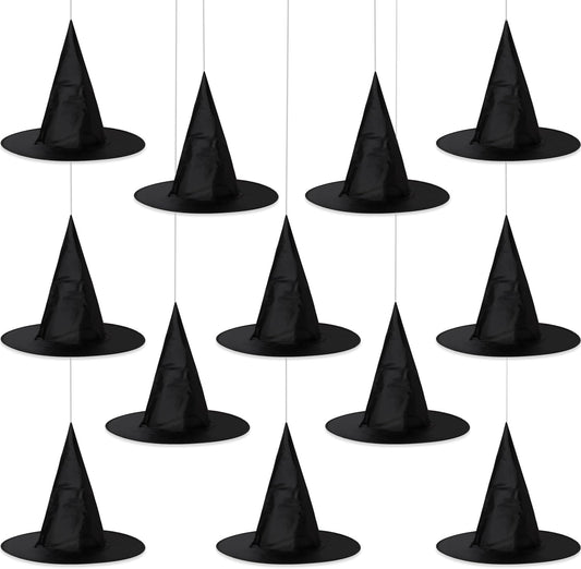 12PCS Halloween Witch Hats, Thickened Black Hanging Witch Hat for Halloween Party Decoration, Wizard Costume Accessory for Women Kids