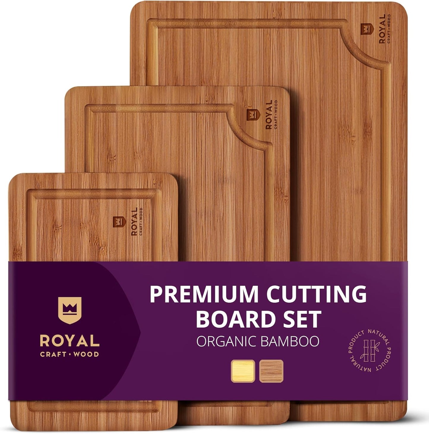 Wooden Cutting Boards for Kitchen Meal Prep & Serving - Bamboo Wood Serving Board Set with Deep Juice Groove Side Handles - Charcuterie & Chopping Butcher Block for Meat (3 Pcs)