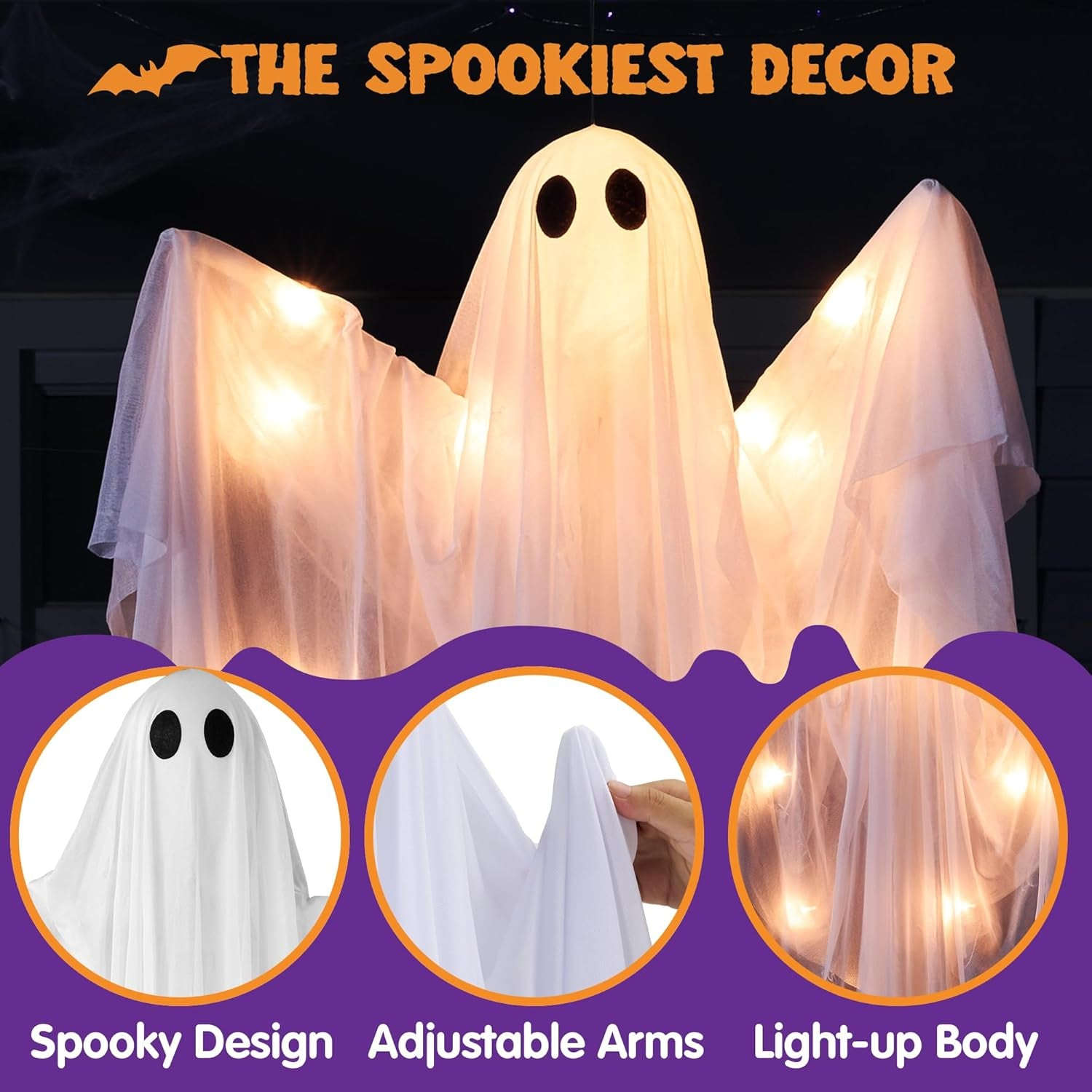 Halloween Hanging Light up Ghost, 47” White Ghosts with Warm White LED Light and Timer Halloween Hanging Decoration Waterproof for Front Yard Patio Lawn Garden Party Decor Indoor Outdoor
