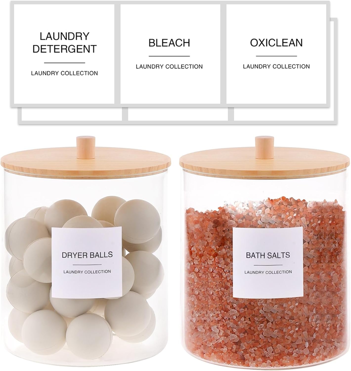 Glass Jars for Laundry Room Organization, Laundry Pods Container with 27 Labels, Detergent Holder with Bamboo Lid, Cute Storage Jars (Set of 2)