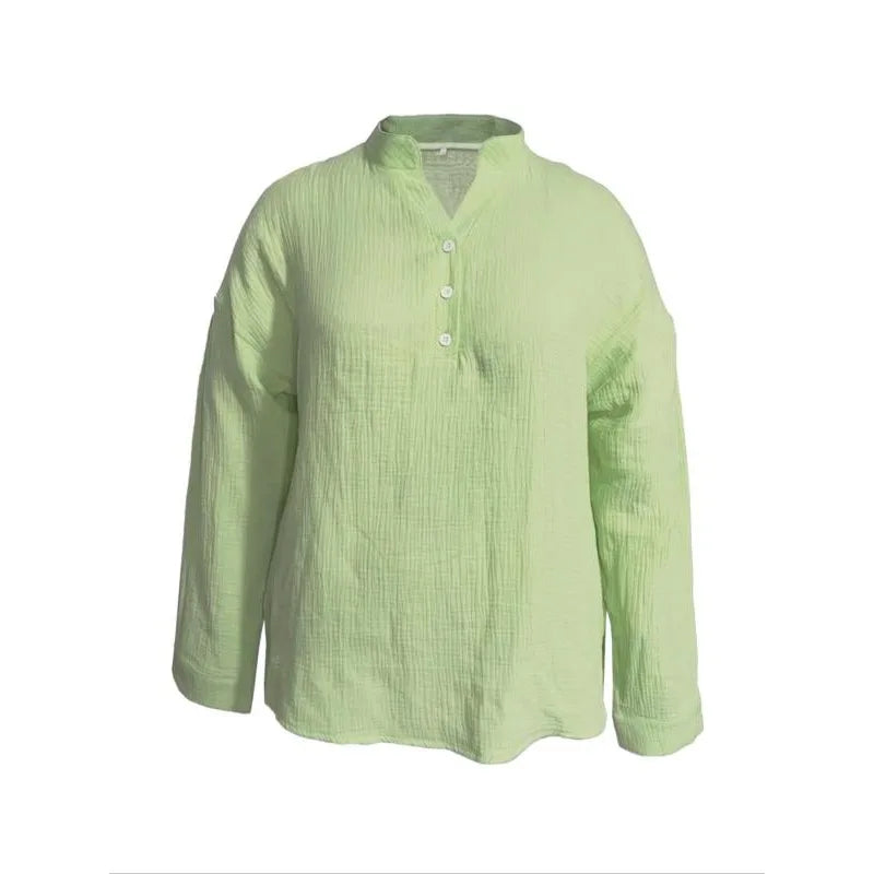 Plus Size 1XL-5XL Womens Casual Button up Shirts Summer Loose Pleats V Neck Long Sleeve Shirts Solid Blouses Tops Female