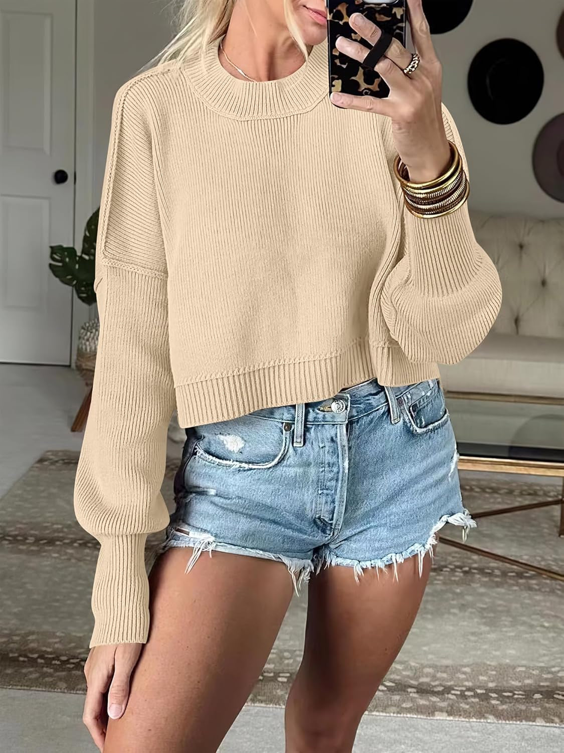 Womens Cropped Sweaters Oversized Crewneck Long Batwing Sleeve Side Slit Ribbed Knit Pullover Tops 2025 Fall Clothes