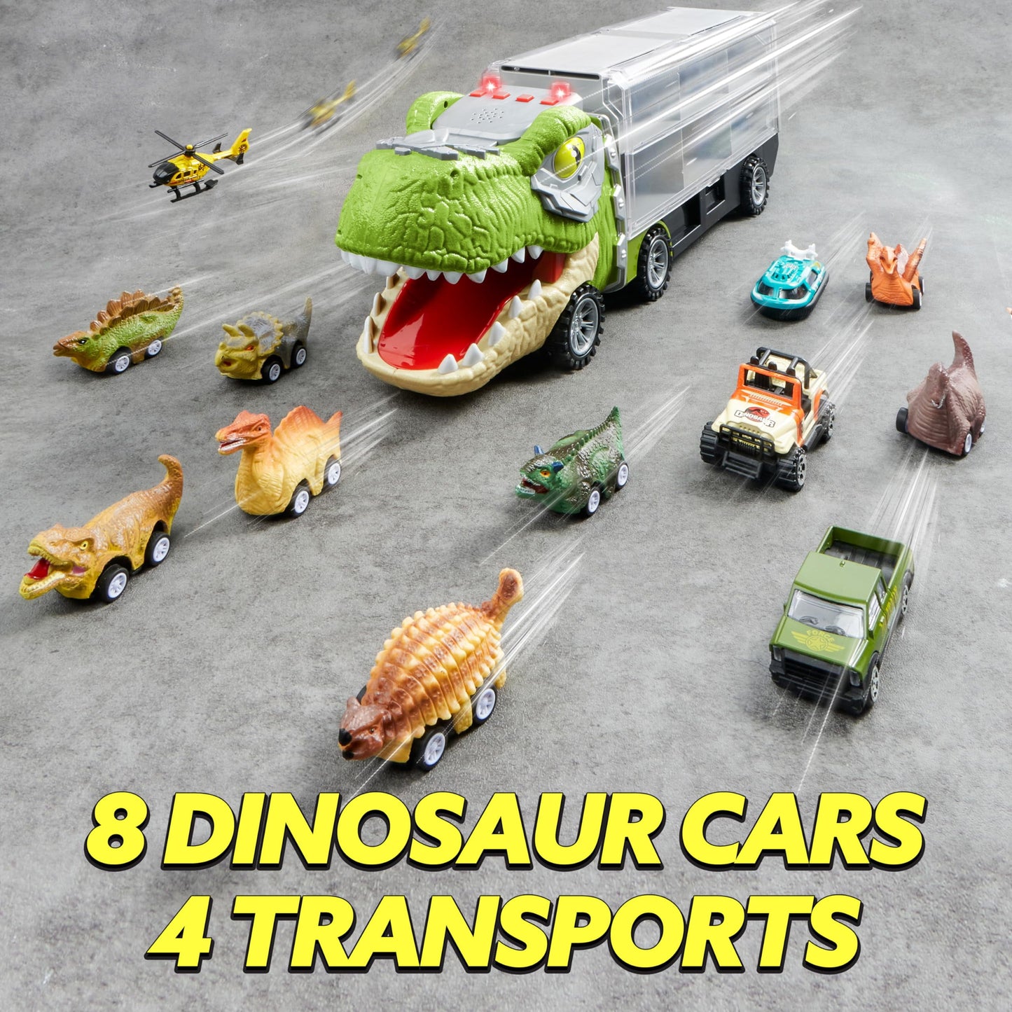 13 in 1 Dinosaur Truck Toys for Kids, Dinosaur Truck with Light & Sound, Including 12 Pull Back Cars, Great Christmas and Birthday Gifts Toy for Boy 3 4 5