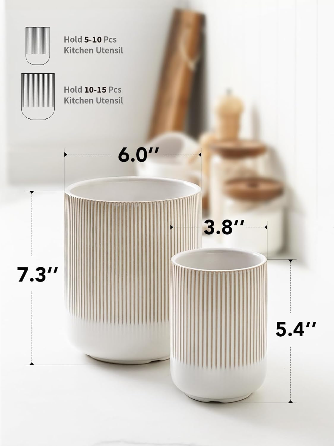 Utensil Holder, 7.3"+5.4" Ceramic Kitchen Utensil Holder for Countertop, Large Cooking Utensil Crocks Gift for Mom, Boho Farmhouse Kitchen Decor, Set of 2, Reactive Glaze Arctic White