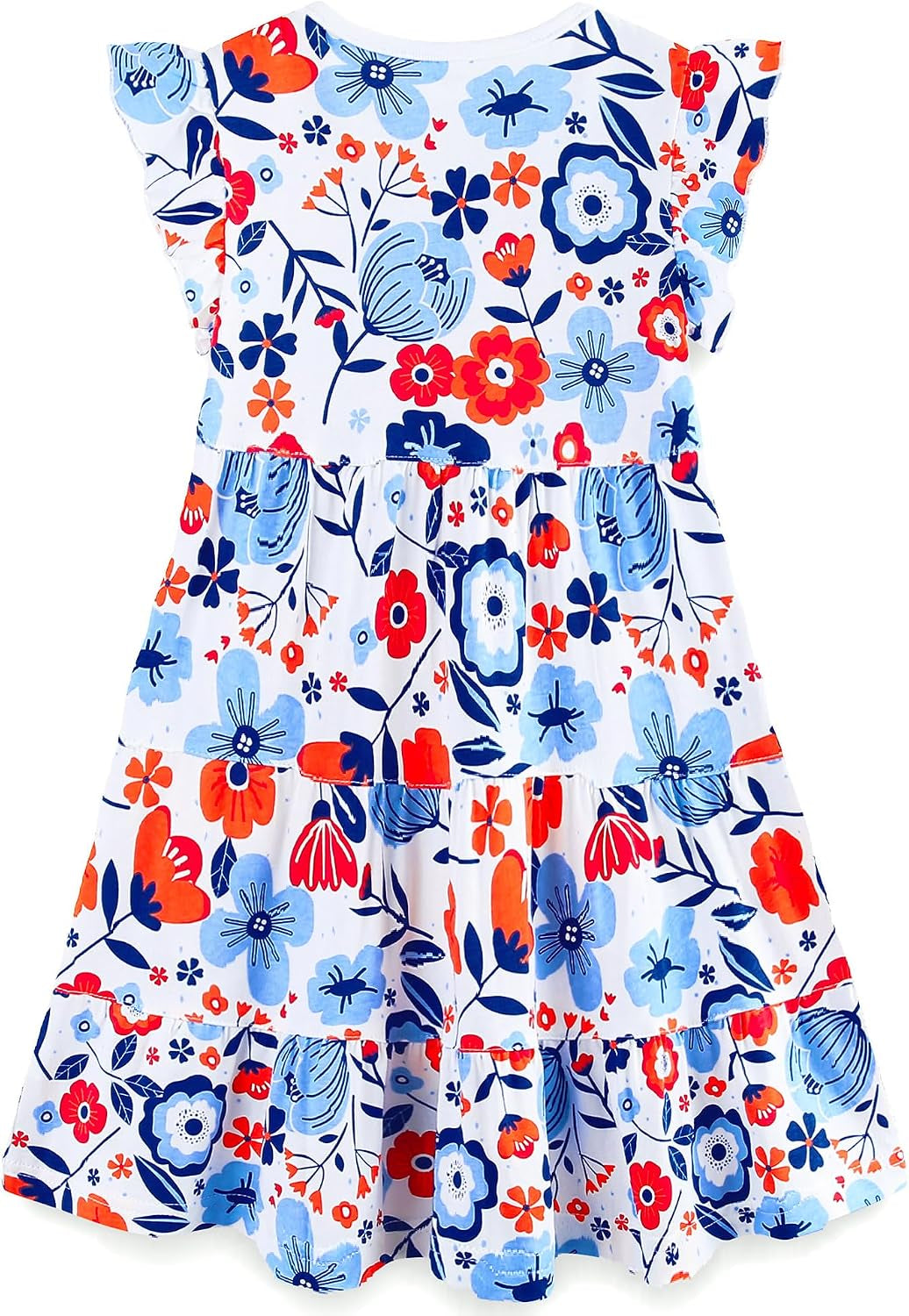 Cotton Ruffle Sleeve Tiered Swing A-Line Midi Dress for Girls Fourth Of July Colors