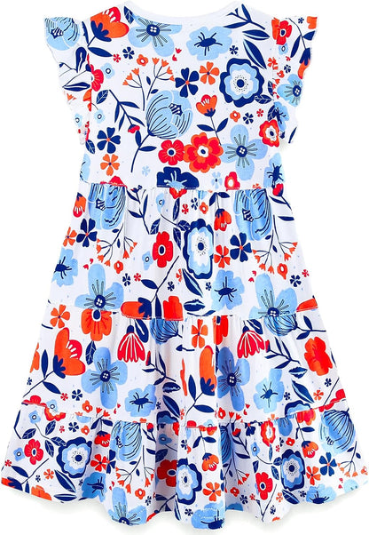 Cotton Ruffle Sleeve Tiered Swing A-Line Midi Dress for Girls Fourth Of July Colors