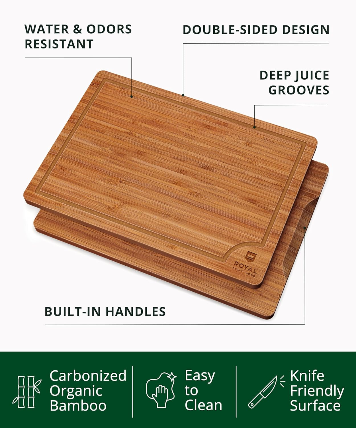 Wooden Cutting Boards for Kitchen Meal Prep & Serving - Bamboo Wood Serving Board Set with Deep Juice Groove Side Handles - Charcuterie & Chopping Butcher Block for Meat (3 Pcs)