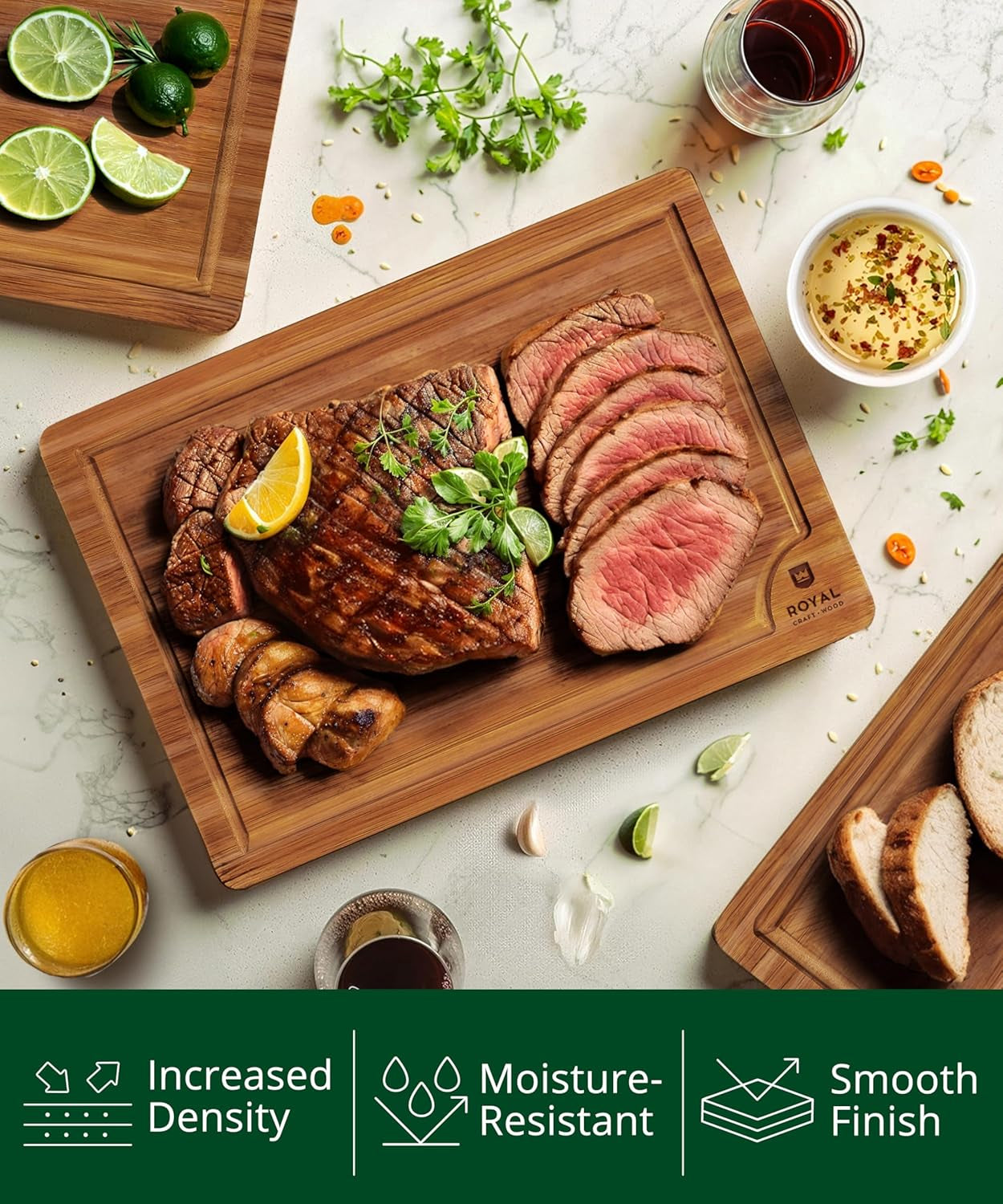 Wooden Cutting Boards for Kitchen Meal Prep & Serving - Bamboo Wood Serving Board Set with Deep Juice Groove Side Handles - Charcuterie & Chopping Butcher Block for Meat (3 Pcs)