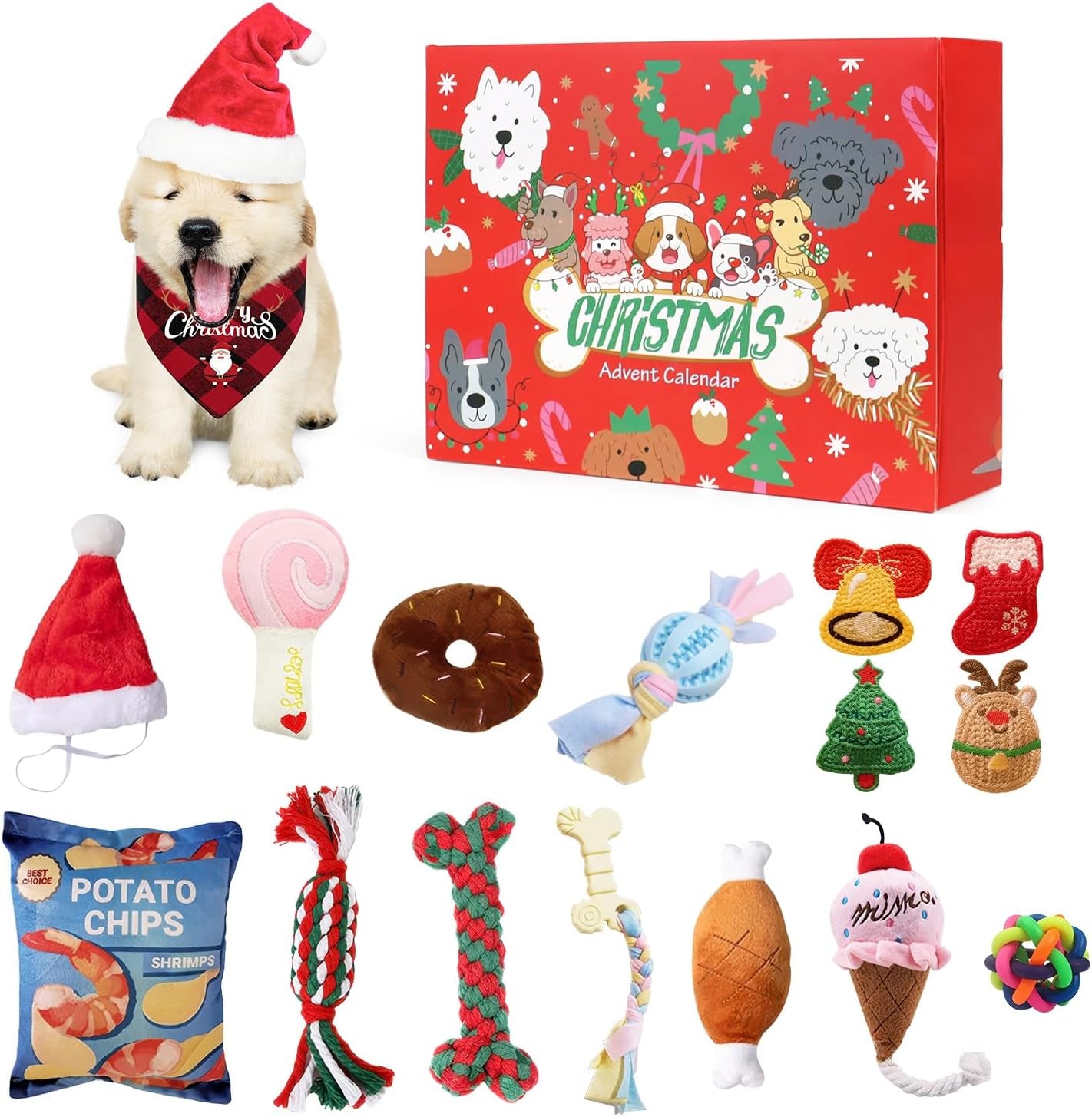 Dog Advent Calendar 2025, 12 Days Pet Toy Christmas Countdown Calendar with Chew Ropes Toys Squeaky Balls Teething Toys for Xmas Small Puppy