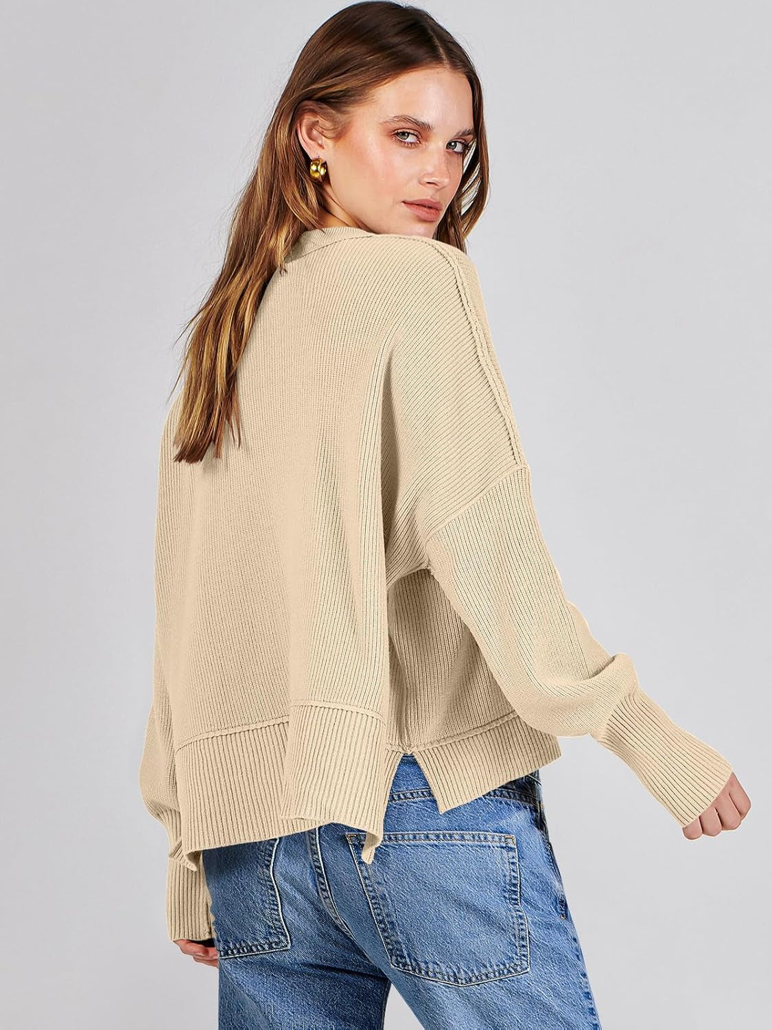Womens Cropped Sweaters Oversized Crewneck Long Batwing Sleeve Side Slit Ribbed Knit Pullover Tops 2025 Fall Clothes