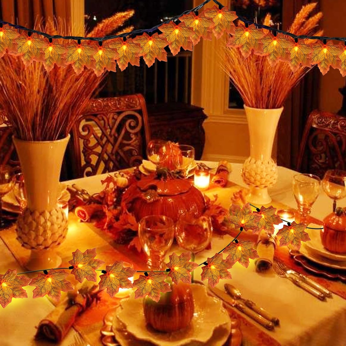 Fall Decor Orange Maple Leaf String Lights Plug In, 13.6Ft LED Outdoor Thanksgiving Decorations Lights with 35 Maple Leaves Light, Hanging Halloween Leaves Light for Outdoor Fall Party Window