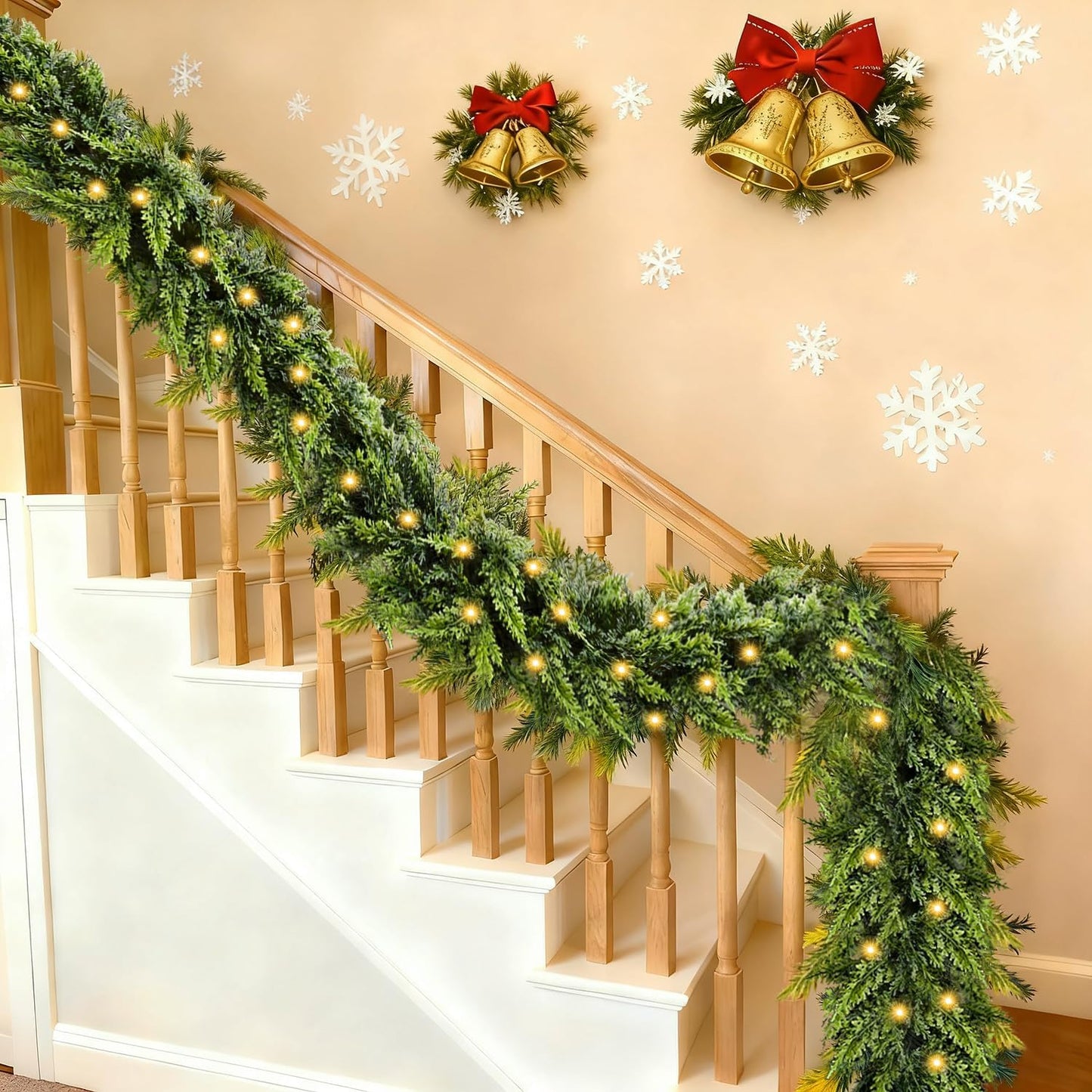 9FT Cedar Garland with Lights, Prelit Christmas Garland Artificial Realistic, Real Touch Pine Christmas Garland for Mantle Stairs Outdoor Decoration, Battery Operated Faux Greenery Garlands Thick Lush