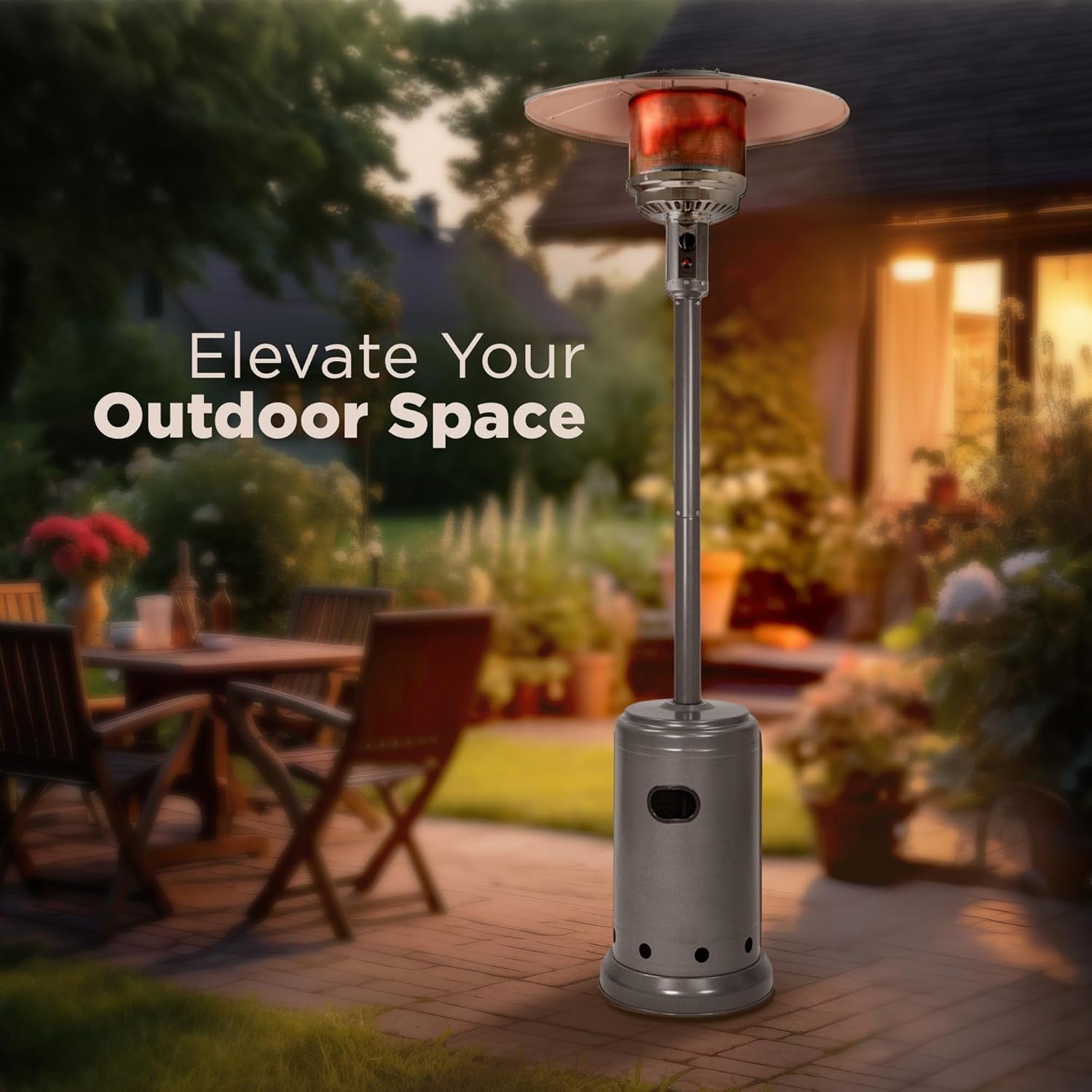 46,000 BTU Portable Outdoor Propane Patio Heater with Wheels, Commercial & Residential with Water Tank, Adjustable Heat Output, 9-Foot Radius, Slate Gray, 32.1"L X 32.1"W X 91.3"H