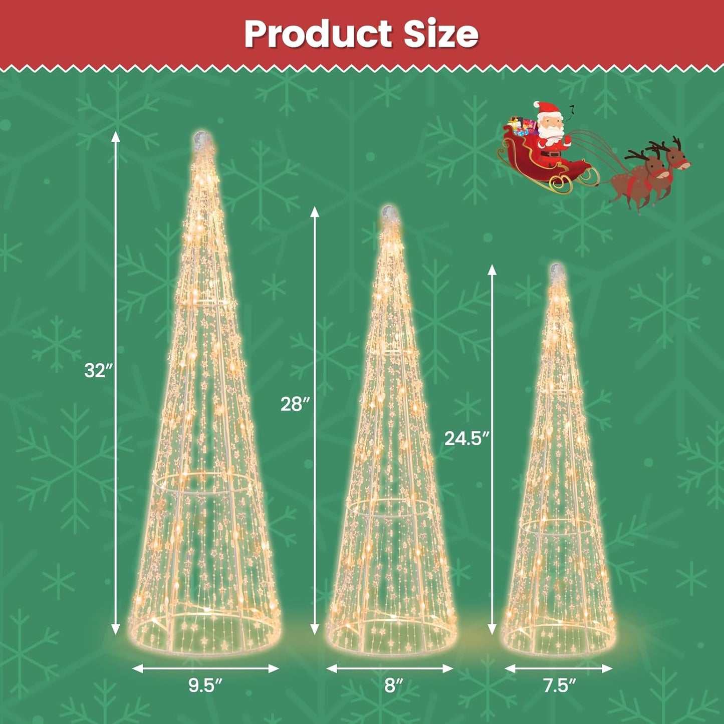 Set of 3 Lighted Christmas Cone Trees, Xmas Decorative Conic Tree Set with Star Strings, 90 Warm White LED Lights, Indoor & Outdoor Lighted Decorations for Lawn Yard Garden Party