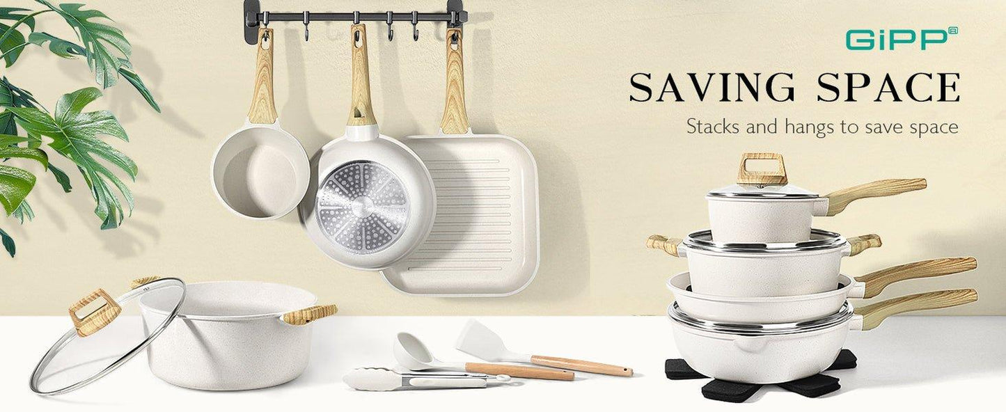 Gipp 10Pcs Nonstick White Granite Pots and Pans Set, Pfos-Free