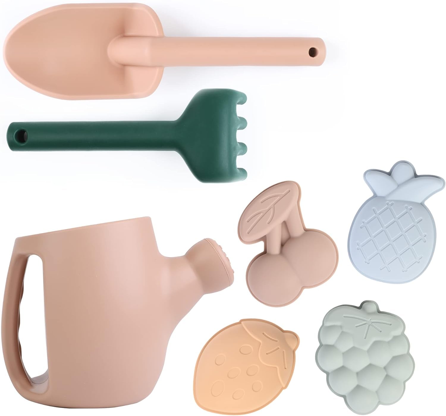 Toddler Gardening Tools - Silicone Beach Toys, Garden Toys for Toddlers | Kids Shovel and Rake Set, Watering Can, Sand Molds | Outdoor Baby Gardening Set (Sand Pink)