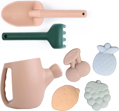 Toddler Gardening Tools - Silicone Beach Toys, Garden Toys for Toddlers | Kids Shovel and Rake Set, Watering Can, Sand Molds | Outdoor Baby Gardening Set (Sand Pink)