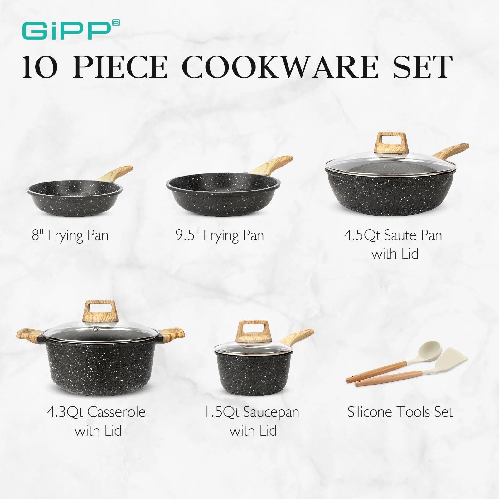 Gipp 10Pcs Nonstick White Granite Pots and Pans Set, Pfos-Free