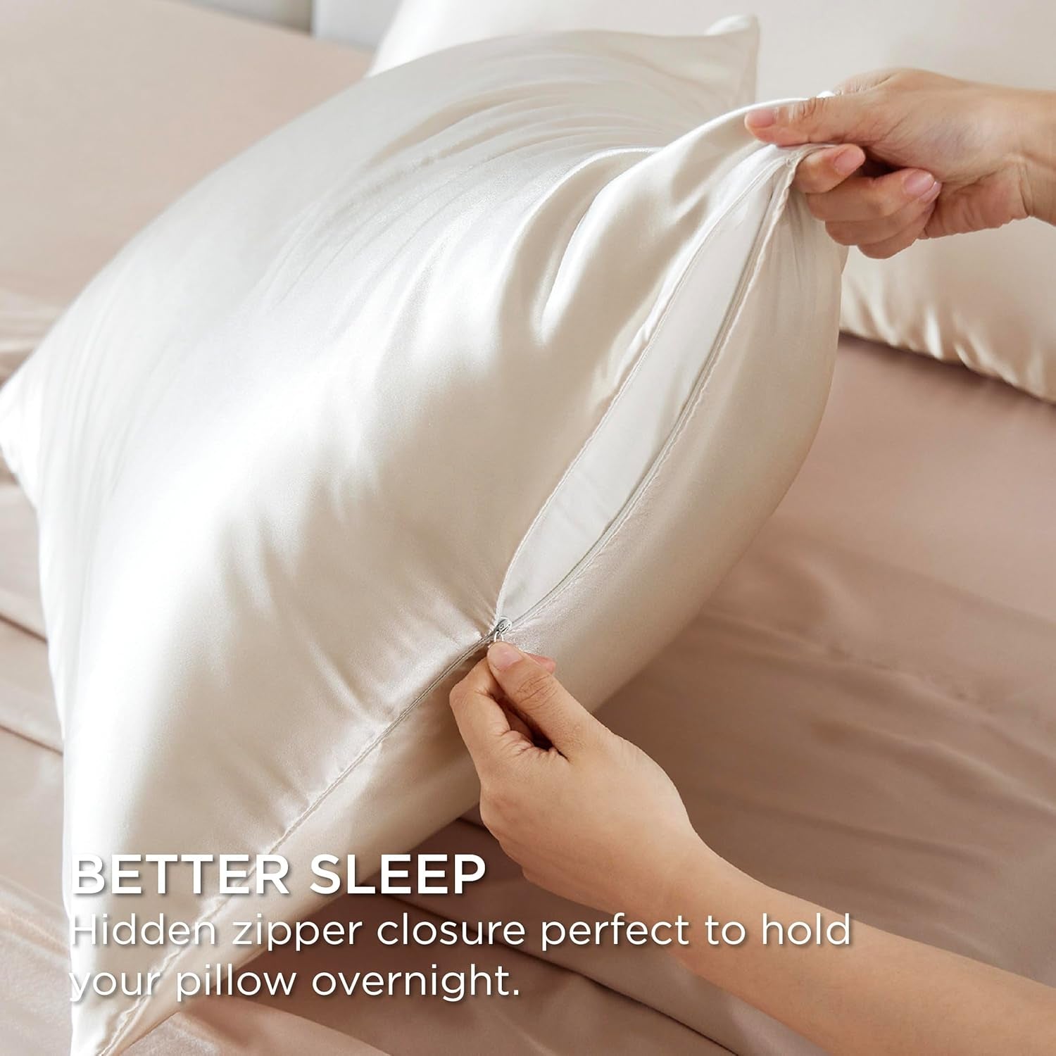 Satin Pillowcase for Hair - Beige Satin Pillow Cases Standard Size with Zipper 2 Pack, Similar to Silk Pillow Cases for Skin, Silky & Soft, Gifts for Women Men, 20X26 Inches