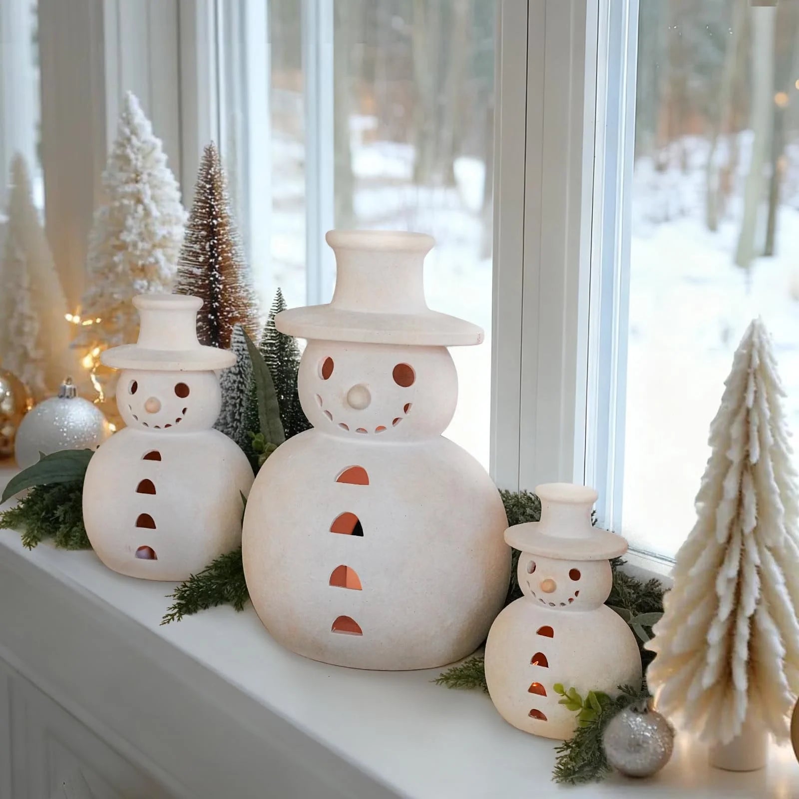Christmas Decorations Indoor Outdoor- 1 Pack Handmade Terracotta Snowman Figurines - White Clay Winter Decor Holiday Rustic Unique Decor for Home Table Room Farmhouse