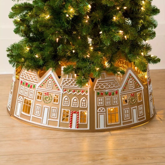 LED Lights Christmas Tree Collar, PVC Christmas Tree Skirt, 60CM/23.6IN, Set of 5 Panels Christmas House Design, Easy to Assemble and Store, Battery-Operated (Batteries Not Included)
