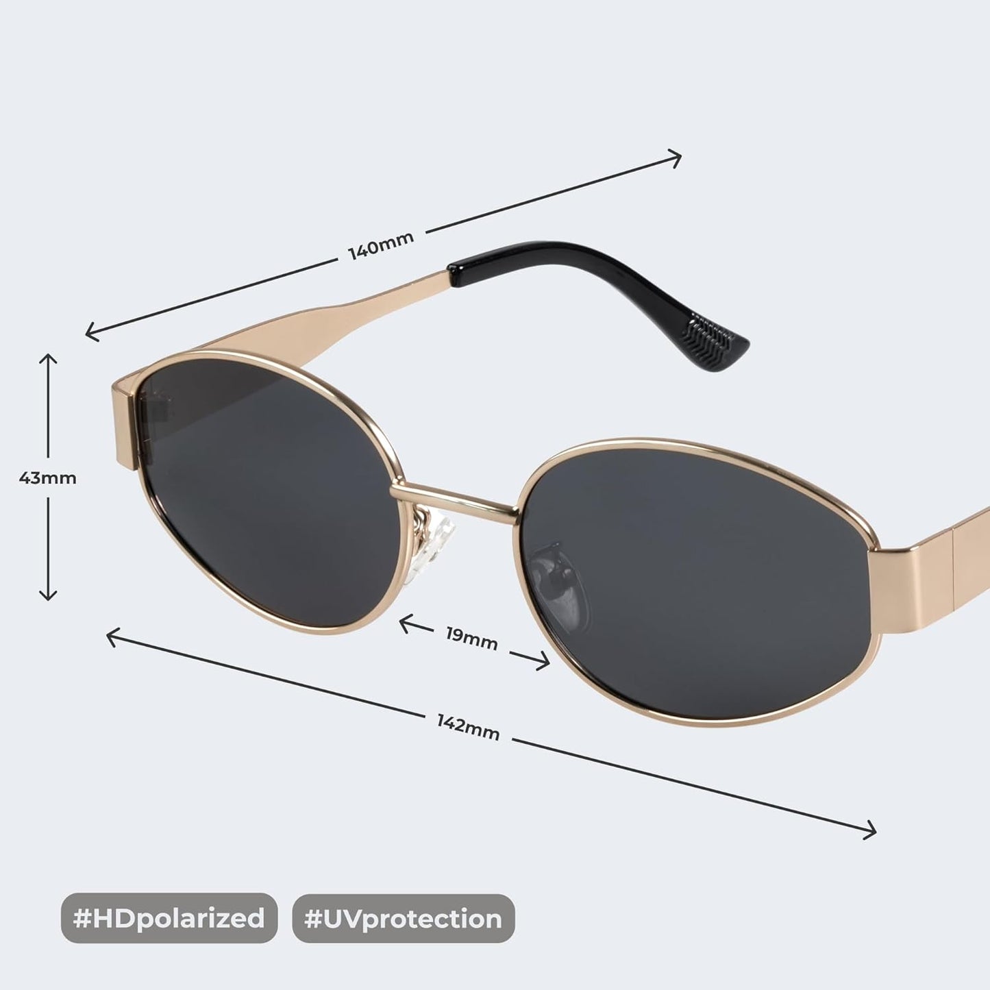 Retro Polarized Sunglasses - UV400 Protection, Oval Shape, Metal Frames - Matching Soft Case Inlcuded