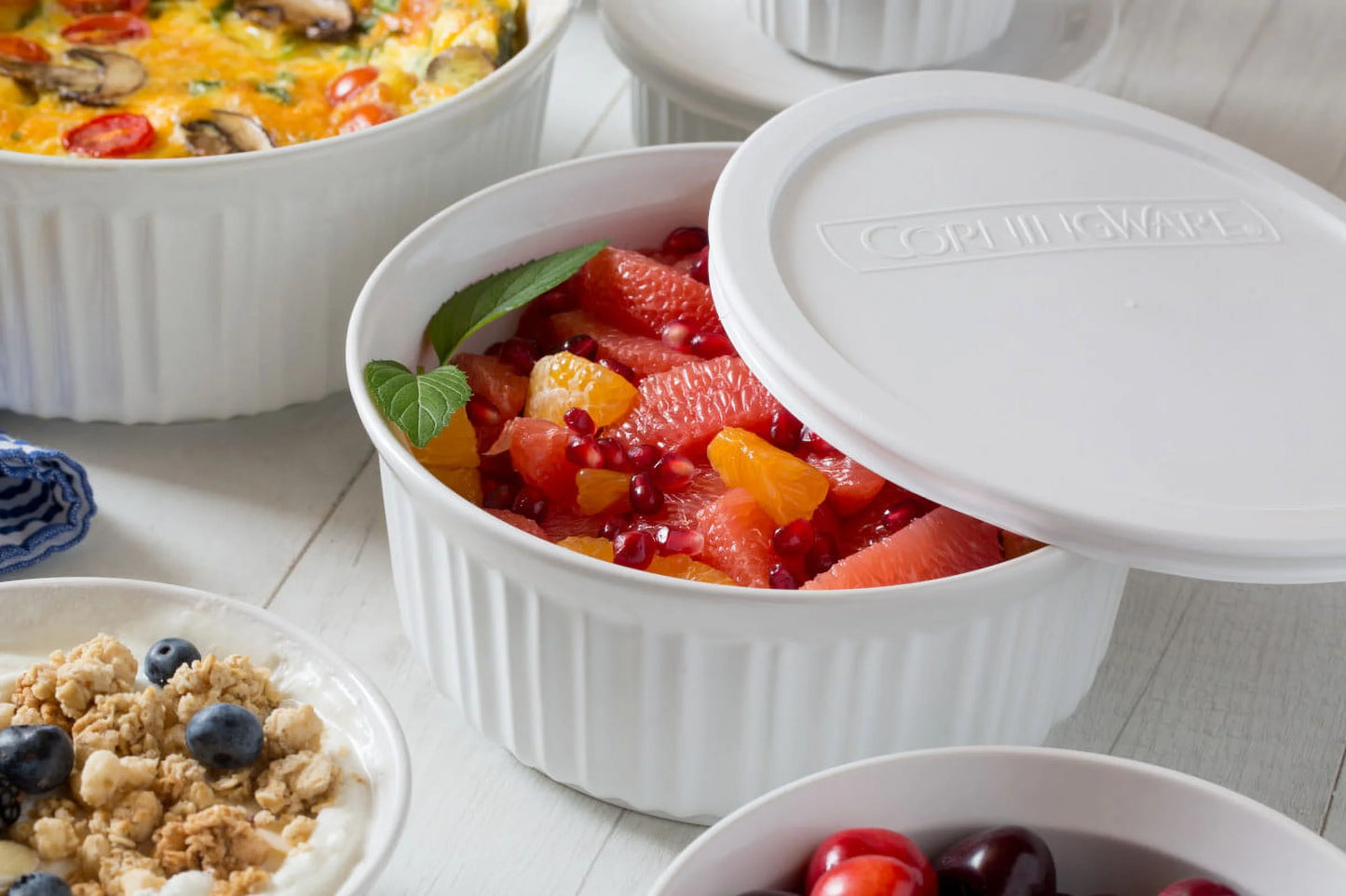 French White 8-Piece Ceramic Stoneware Casserole Set with Glass and Plastic Lids, round & Oval