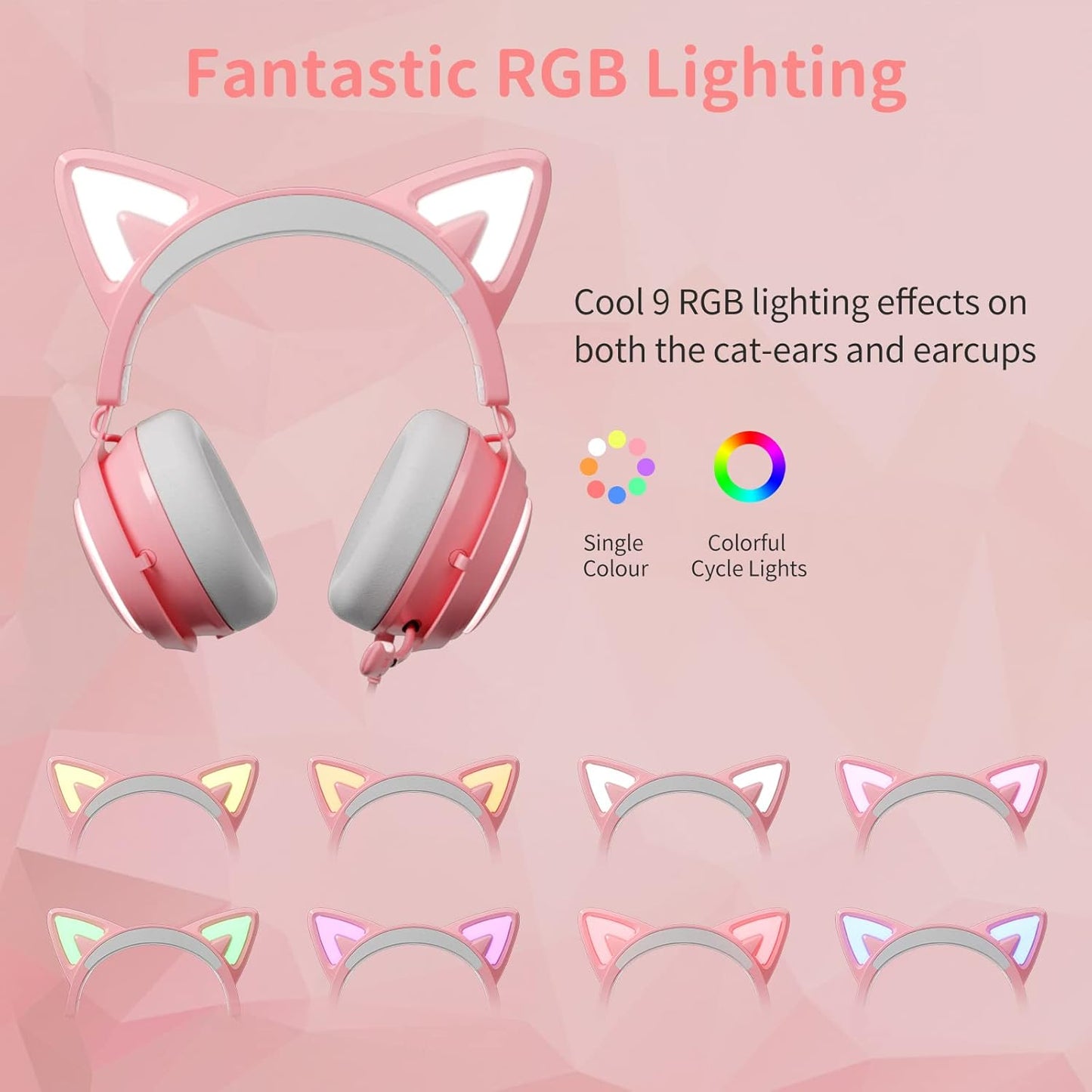 Pink Gaming Headset GS510, Wired, over Ear, Cat Ear Design with RGB Lighting, 7.1 Surround Sound, Retractable Mic, Compatible with PC, PS4, PS5