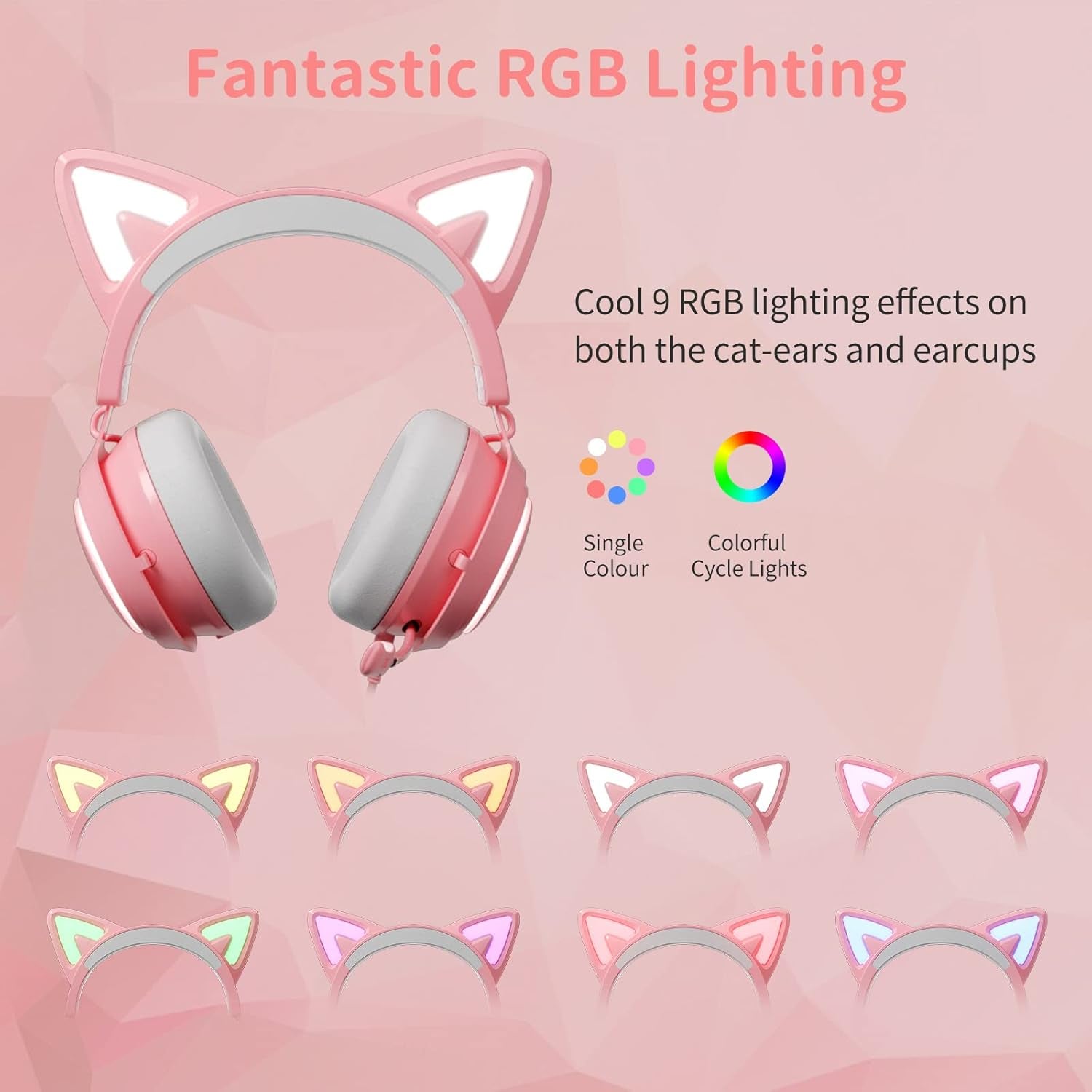 Pink Gaming Headset GS510, Wired, over Ear, Cat Ear Design with RGB Lighting, 7.1 Surround Sound, Retractable Mic, Compatible with PC, PS4, PS5