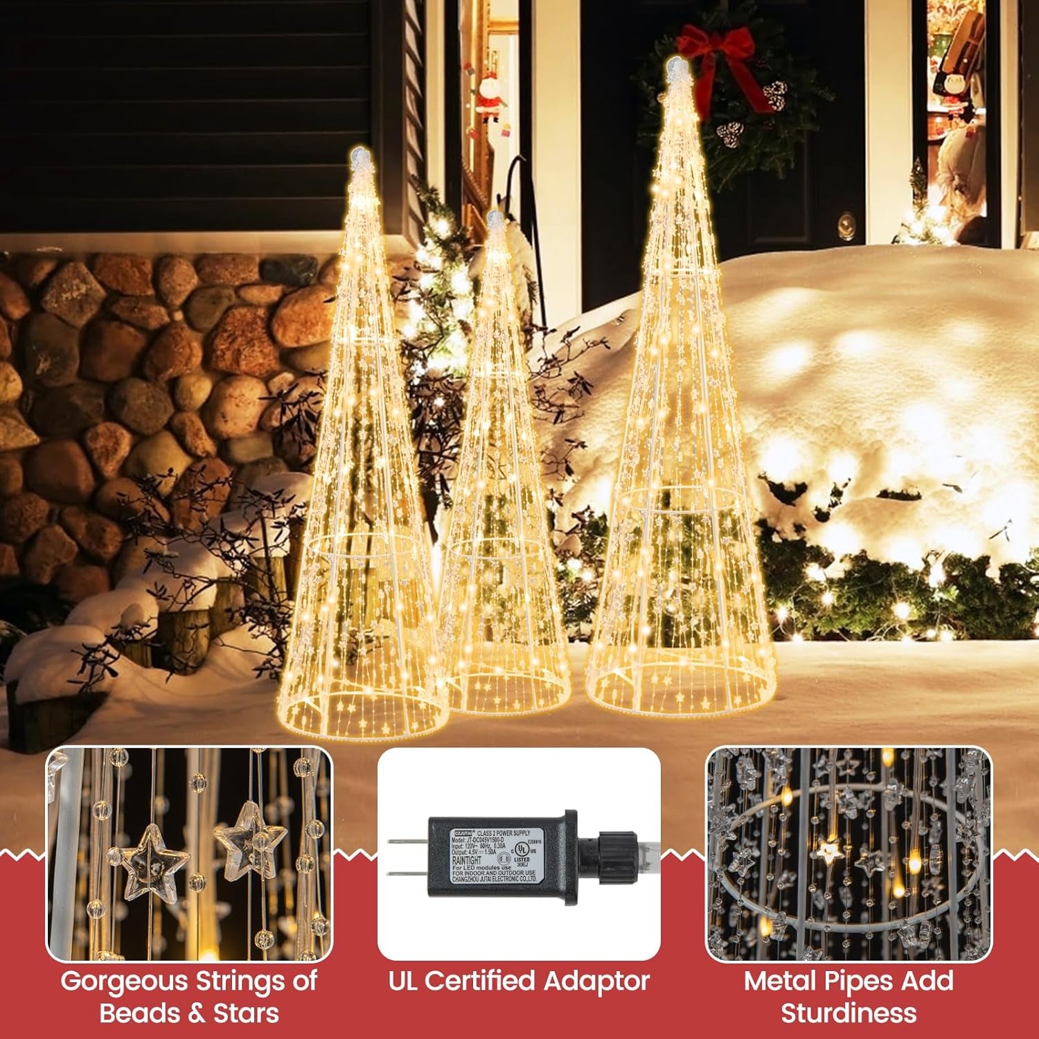 Set of 3 Lighted Christmas Cone Trees, Xmas Decorative Conic Tree Set with Star Strings, 90 Warm White LED Lights, Indoor & Outdoor Lighted Decorations for Lawn Yard Garden Party