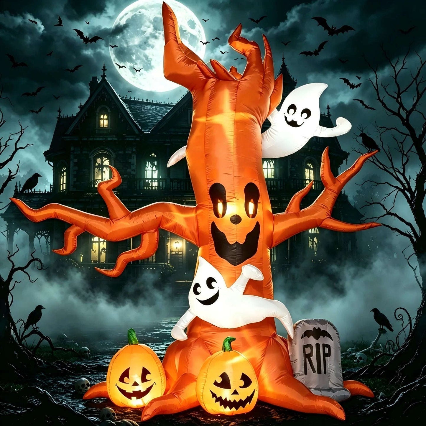 8 FT Halloween Inflatables Spooky Tree with Ghost,Pumpkin & Tombstone Tree Blow up Decor with Built-In LED Lights for Yard,Lawn,Garden,Party,Holiday Outdoor Decorations