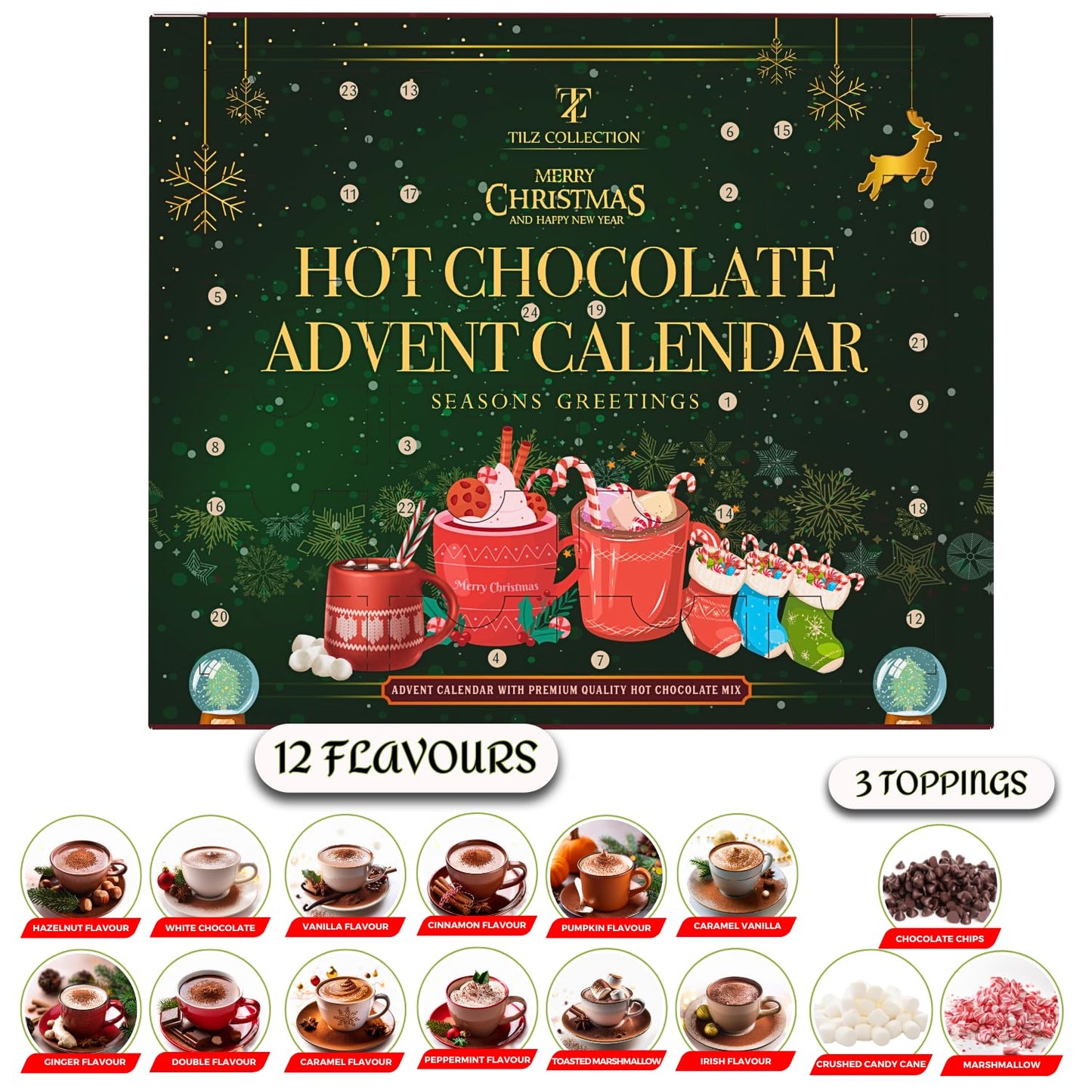 Hot Chocolate Advent Calendar 2025 - Gourmet Luxury 24 Hot Chocolate Selection Variety Flavours - Food Advent Calendars Gifts Set for Men Women Children