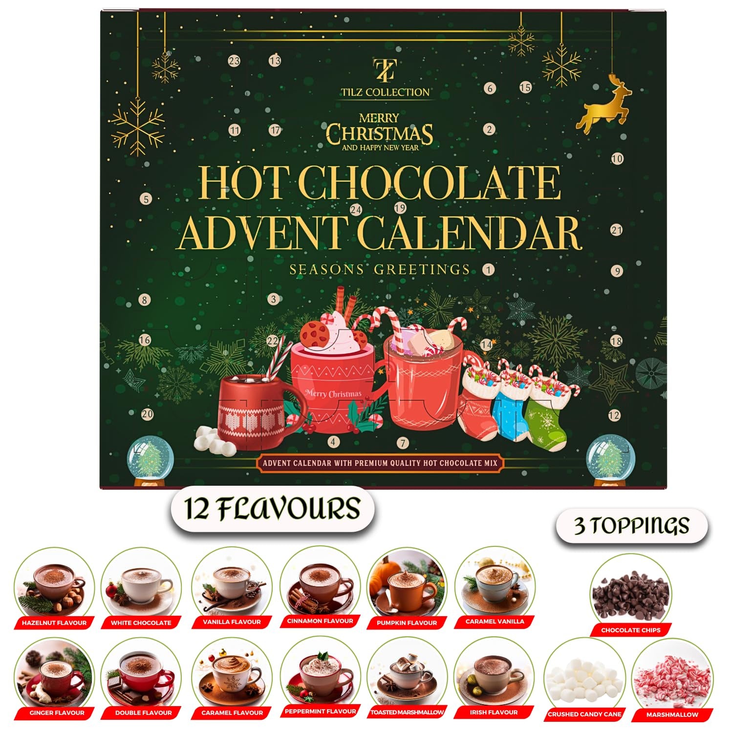 Hot Chocolate Advent Calendar 2025 - Gourmet Luxury 24 Hot Chocolate Selection Variety Flavours - Food Advent Calendars Gifts Set for Men Women Children