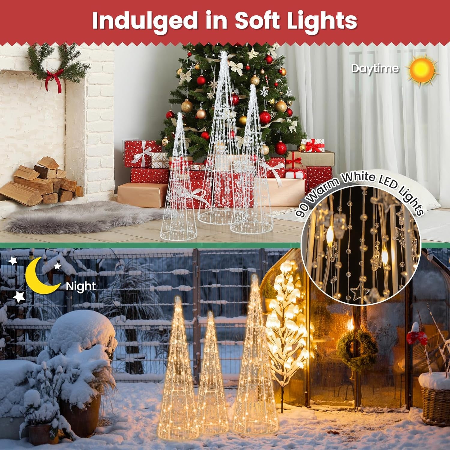 Set of 3 Lighted Christmas Cone Trees, Xmas Decorative Conic Tree Set with Star Strings, 90 Warm White LED Lights, Indoor & Outdoor Lighted Decorations for Lawn Yard Garden Party