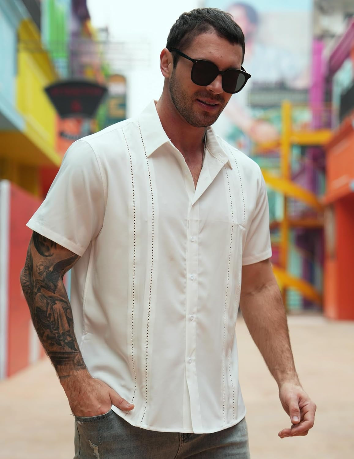 Mens Cuban Guayabera Shirt Short Sleeve Button down Shirts Summer Beach Vacation Shirts