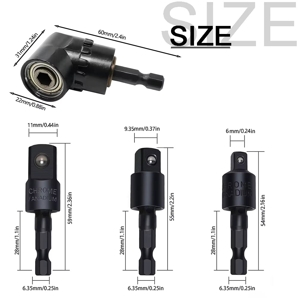 105° Right Angle Drill Adapter with 1/4" 3/8" 1/2" Impact Grade Socket Adapter 360° Rotation for Household Workplace Industry