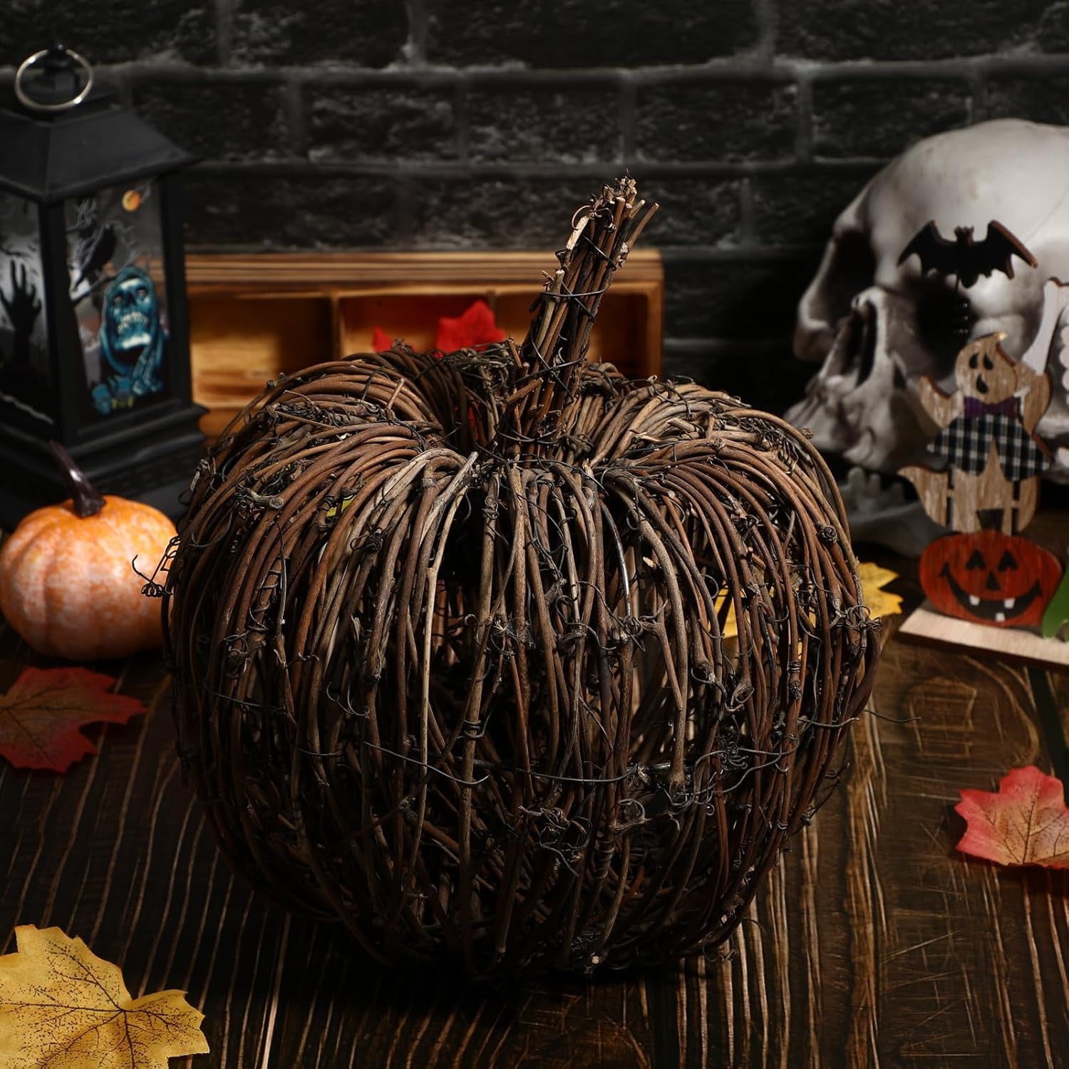 Wicker Halloween Pumpkin Decor - Fall Harvest Rattan Grapevine Pumpkin Thanksgiving Festive Tabletop Decor for Home Halloween, 9.8X8.7 Inch