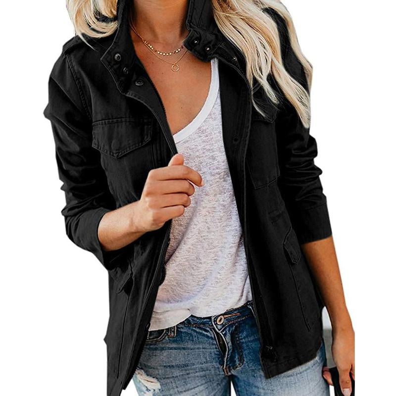 Yousify Womens Military Jacket Zip up Snap Buttons Lightweight Utility Anorak Field Safari Coat Outwear with Pocket