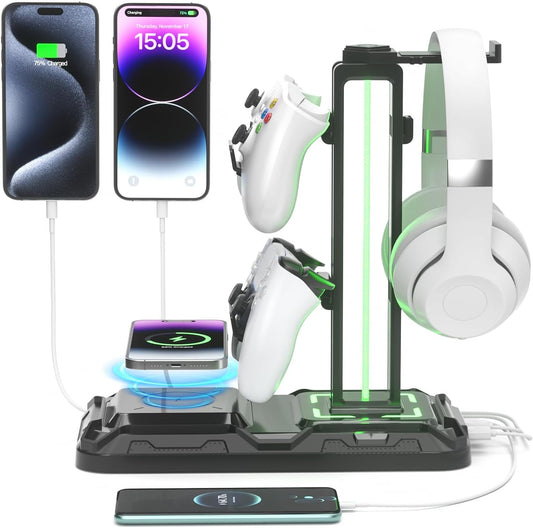 Headphone & Controller Stand with Wireless Charging - Rotatable Headset Stand with 9 Light Modes - Controller Holder with 2 USB and Type C Ports - for Gamers Desktop Accessories