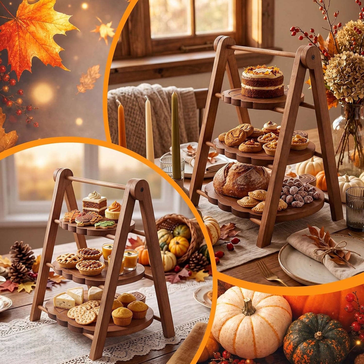 3 Tier Pumpkin Serving Trays Wooden Shaped Pumpkin Platters 12'' 10'' 8'' Charcuterie Plate Board Reusable Party Serving Plate for Halloween Fall Party Decoration