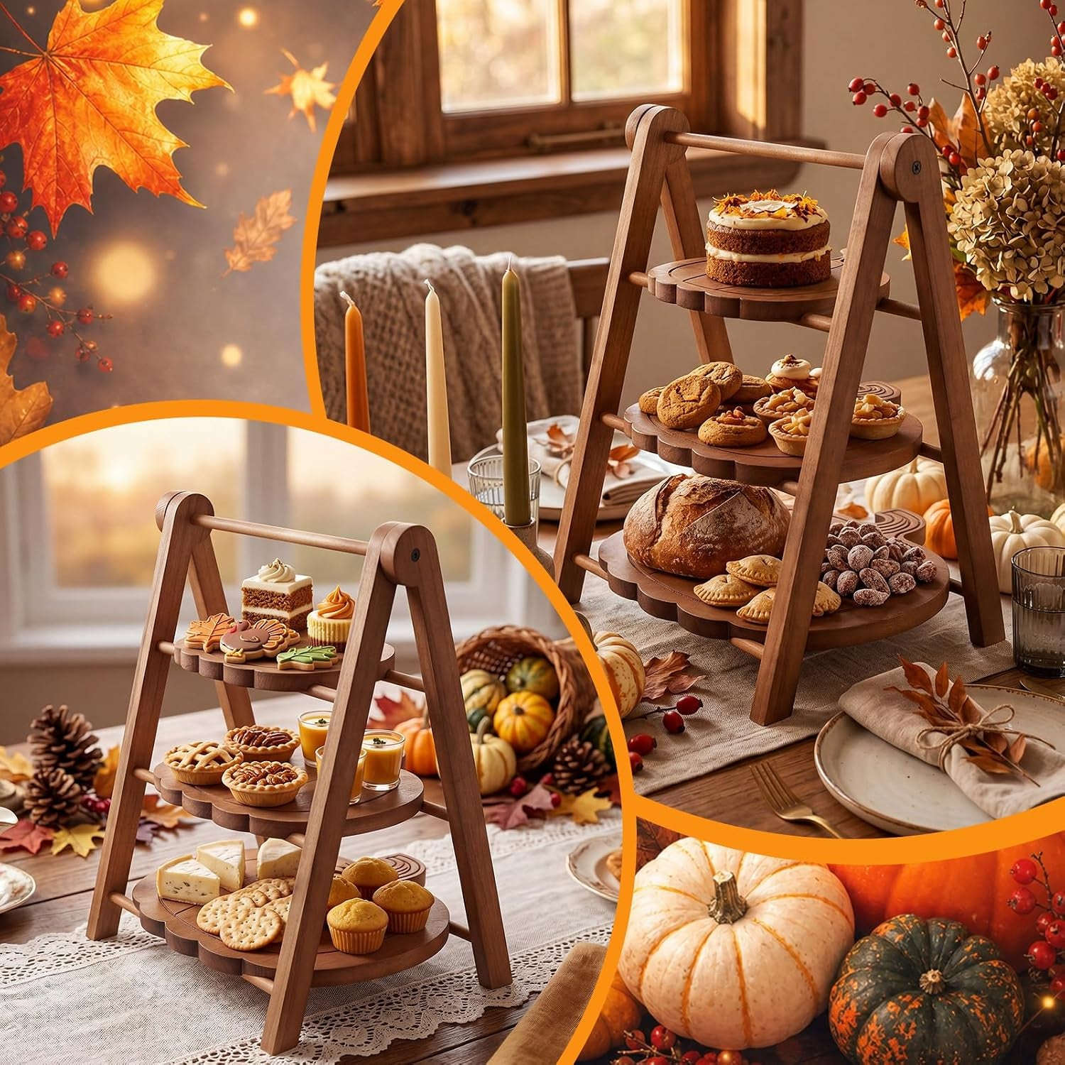 3 Tier Pumpkin Serving Trays Wooden Shaped Pumpkin Platters 12'' 10'' 8'' Charcuterie Plate Board Reusable Party Serving Plate for Halloween Fall Party Decoration