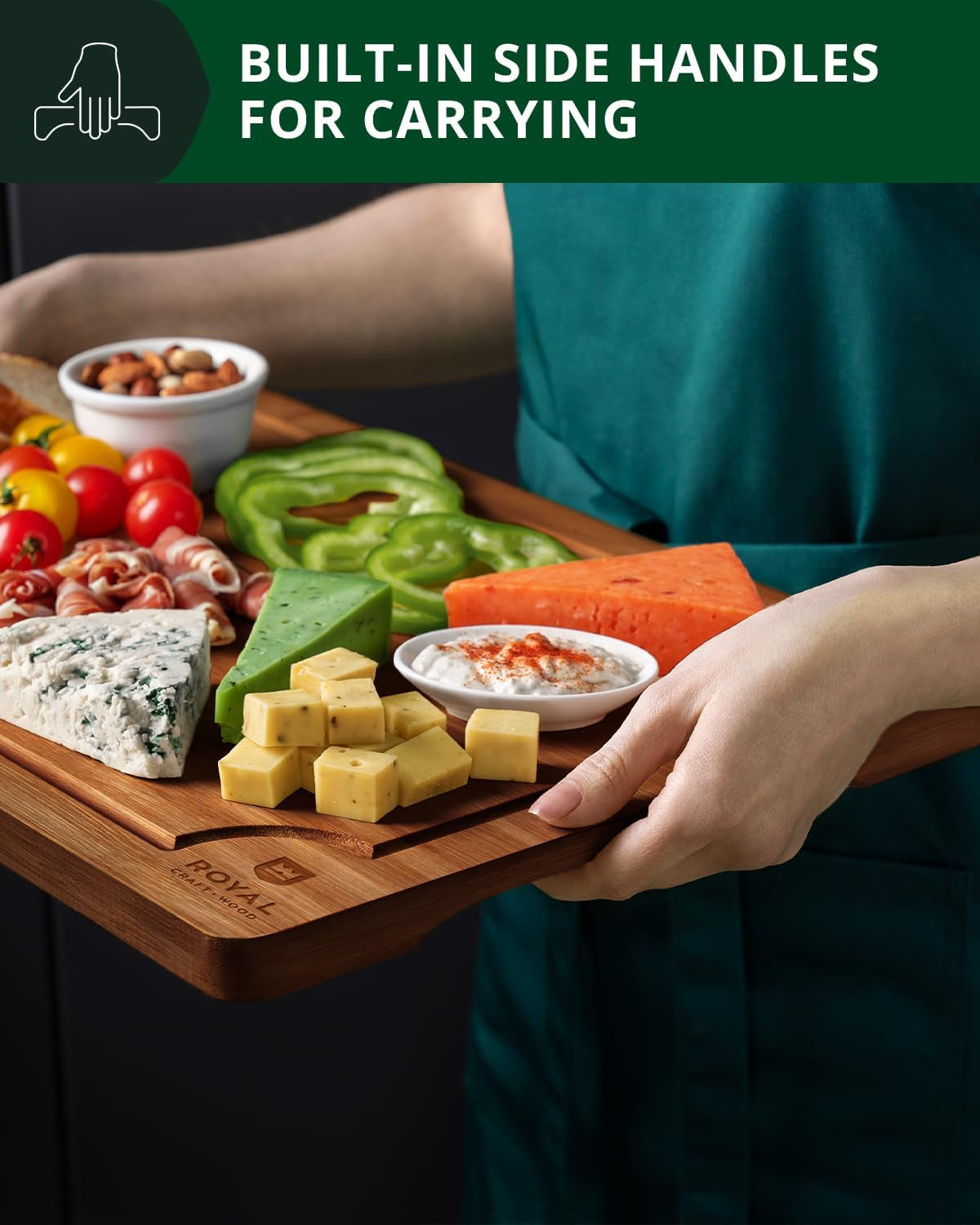 Wooden Cutting Boards for Kitchen Meal Prep & Serving - Bamboo Wood Serving Board Set with Deep Juice Groove Side Handles - Charcuterie & Chopping Butcher Block for Meat (3 Pcs)