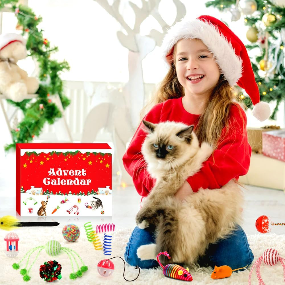 Cat Advent Calendar 2025, 24 Days Christmas Countdown Calendar with Assorted Interactive Cat Toys for Indoor Kitten Cats Pet Surprise Xmas Gifts for Cat Lovers Women