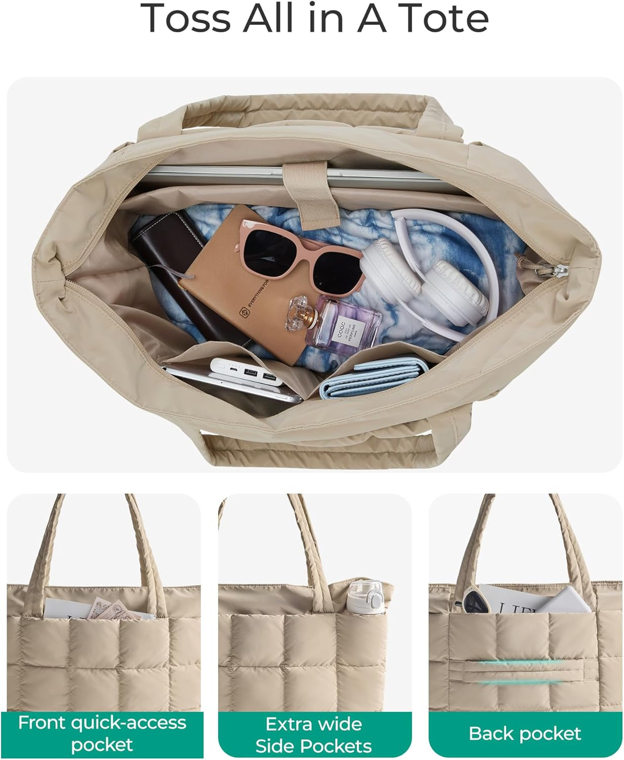 Large Tote Bag for Women, Expandable Puffer Work Tote Handbag, Quilted Carry-On Travel Gym Bag