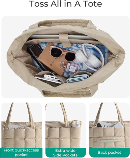 Large Tote Bag for Women, Expandable Puffer Work Tote Handbag, Quilted Carry-On Travel Gym Bag