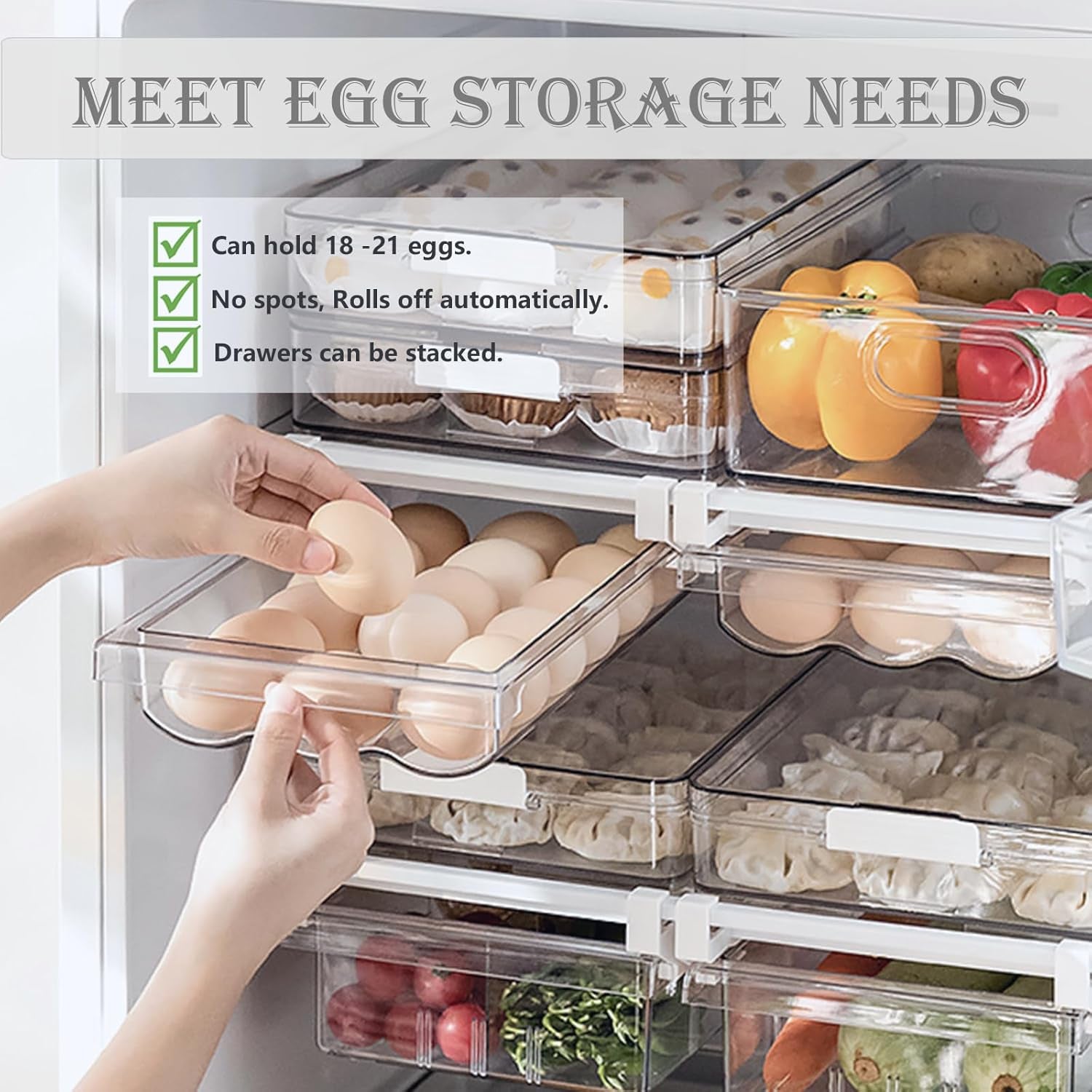 Refrigerator Organizer Bins - Large Capacity Egg Holder Tray for Refrigerator, Clear Plastic Container Drawer for Egg, Home Essentials Organization and Storage Box