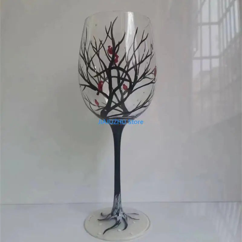 066E Four Seasons Tree Wine Glass Hand-Painted Art Glassware Unique Glasses Drinkware for Home Office Decorative Gift Cups